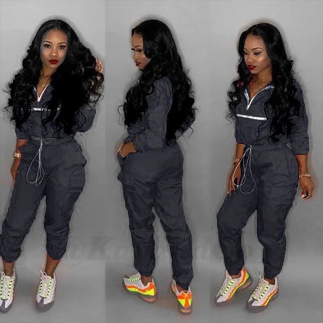 Women zip up neck long sleeve short trench safari pants suits two pieces set