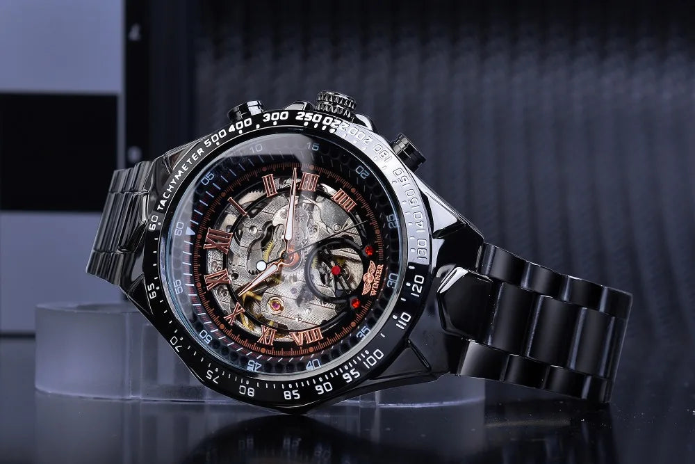 Winner mechanical sport design bezel skeleton watch with exposed gears