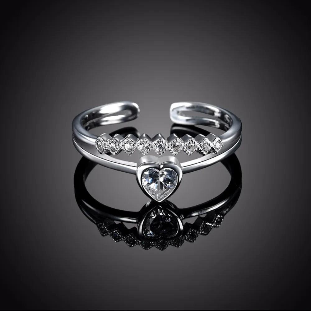 Wedding Jewelry 925 Sterling Silver Heart Zirconia Adjustable Love Rings