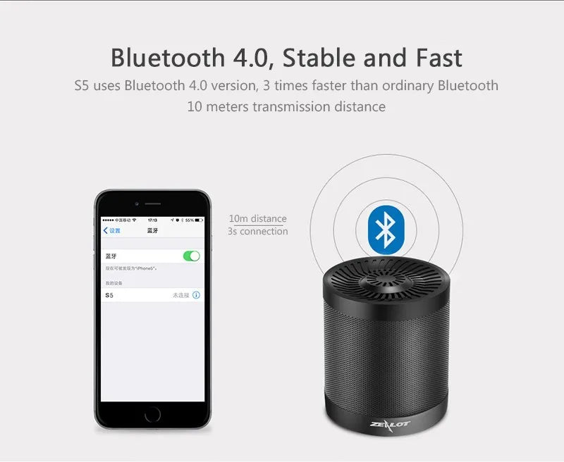 ZEALOT S5 Portable Bluetooth Speaker Column Wireless Subwoofer Super Bass Stereo USB TF Card Play With Microphone