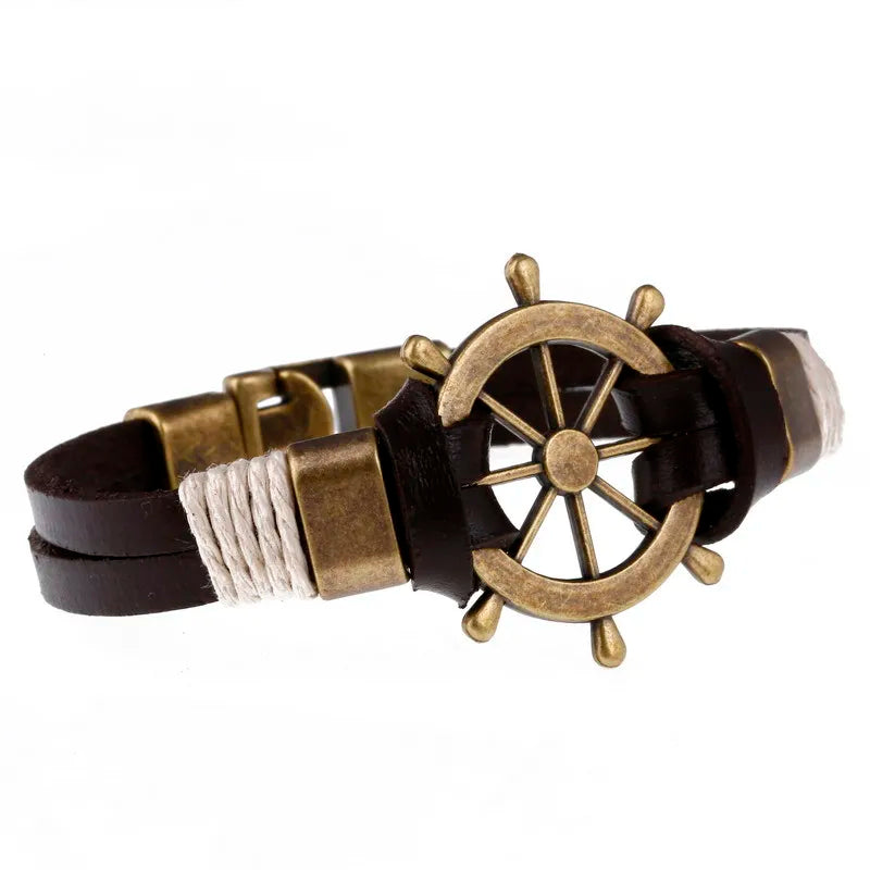 Wholesale Cuff braided Wrap Bracelet & Bangles Men Jewelry Pirate Genuine Leather Anchor Bracelets Vintage Men’s