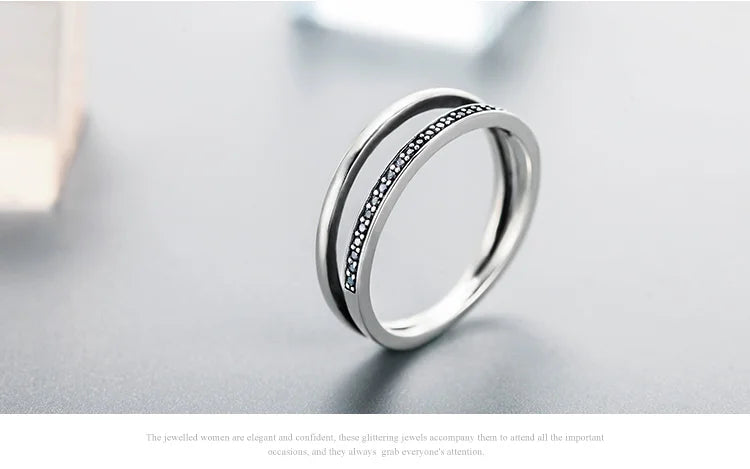 BAMOER 925 Sterling Silver Double Circle Black Clear CZ Stackable Finger Ring SCR082
