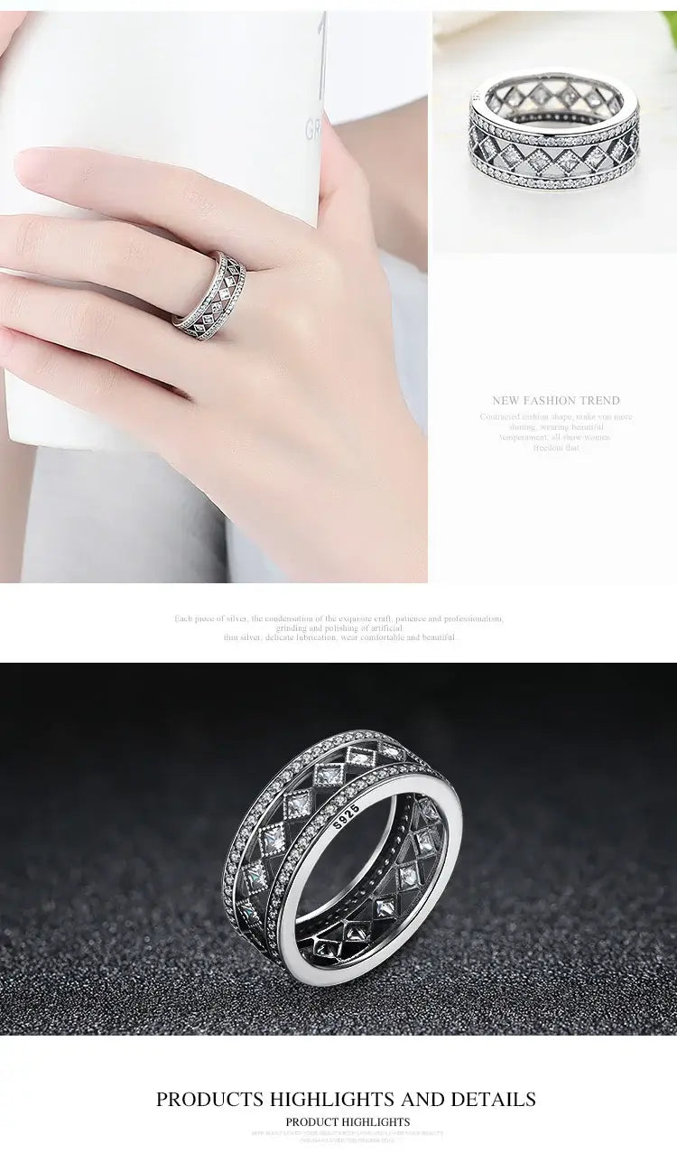 BAMOER 925 Sterling Silver Square Vintage Fascination Clear CZ Big Ring PA7601