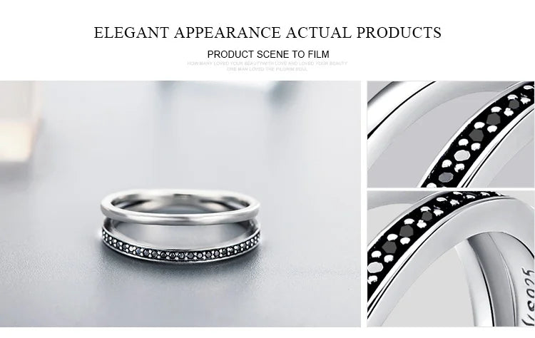 BAMOER 925 Sterling Silver Double Circle Black Clear CZ Stackable Finger Ring SCR082