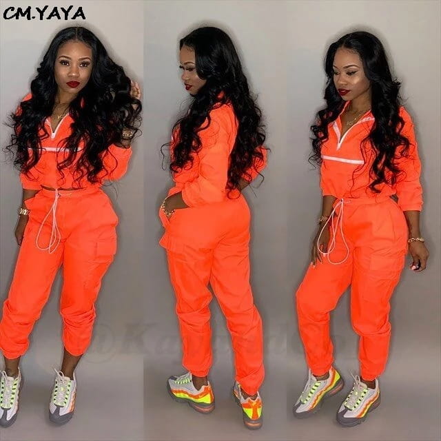 Women zip up neck long sleeve short trench safari pants suits two pieces set