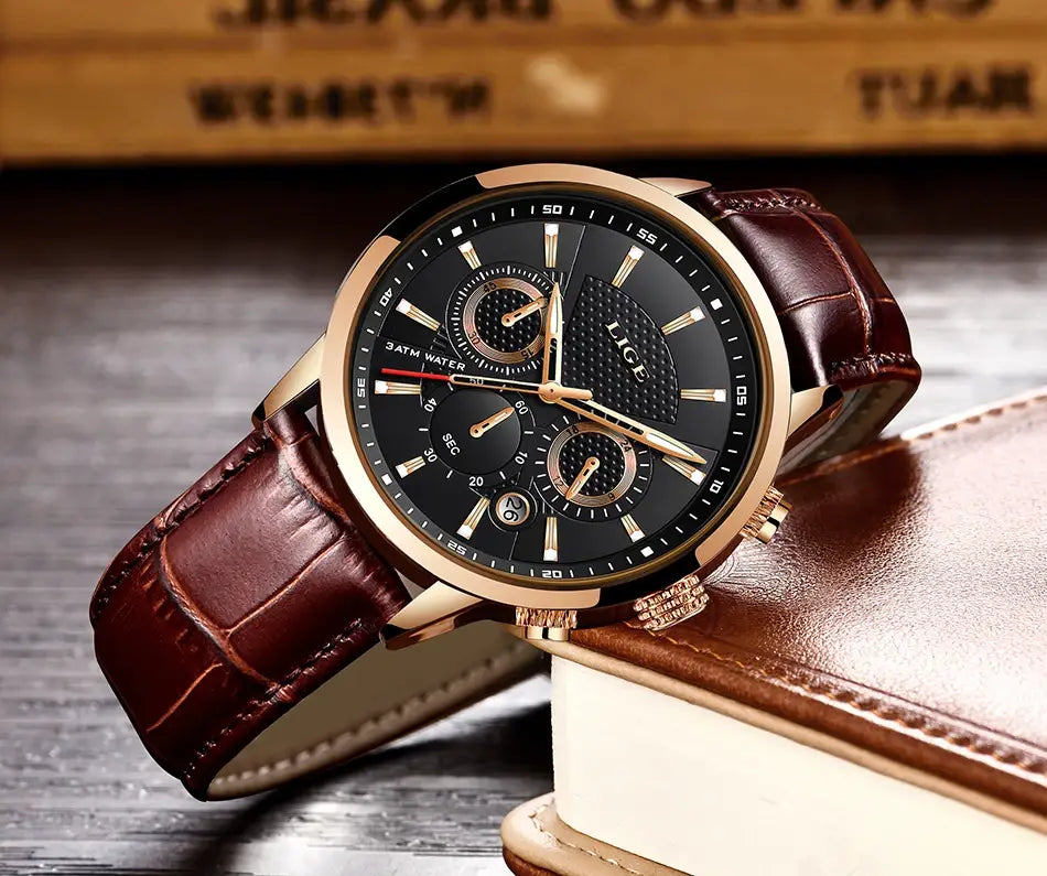 2023 New Mens Watches LIGE Top Brand Leather Chronograph Waterproof Sport Automatic Date Quartz Watch For Men Relogio