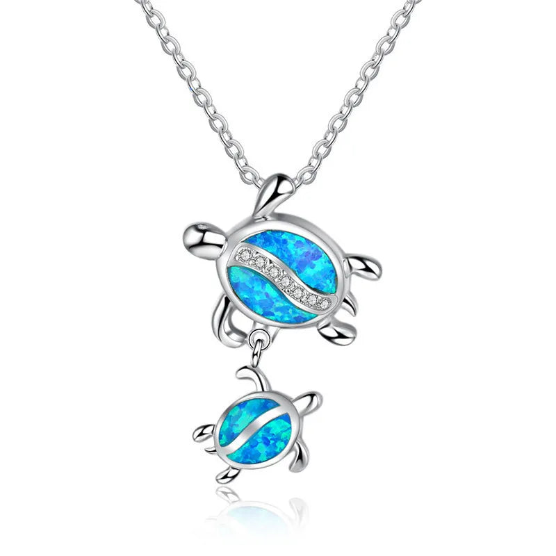 Silver Filled Blue Sea Turtle Pendant Necklace for Women
