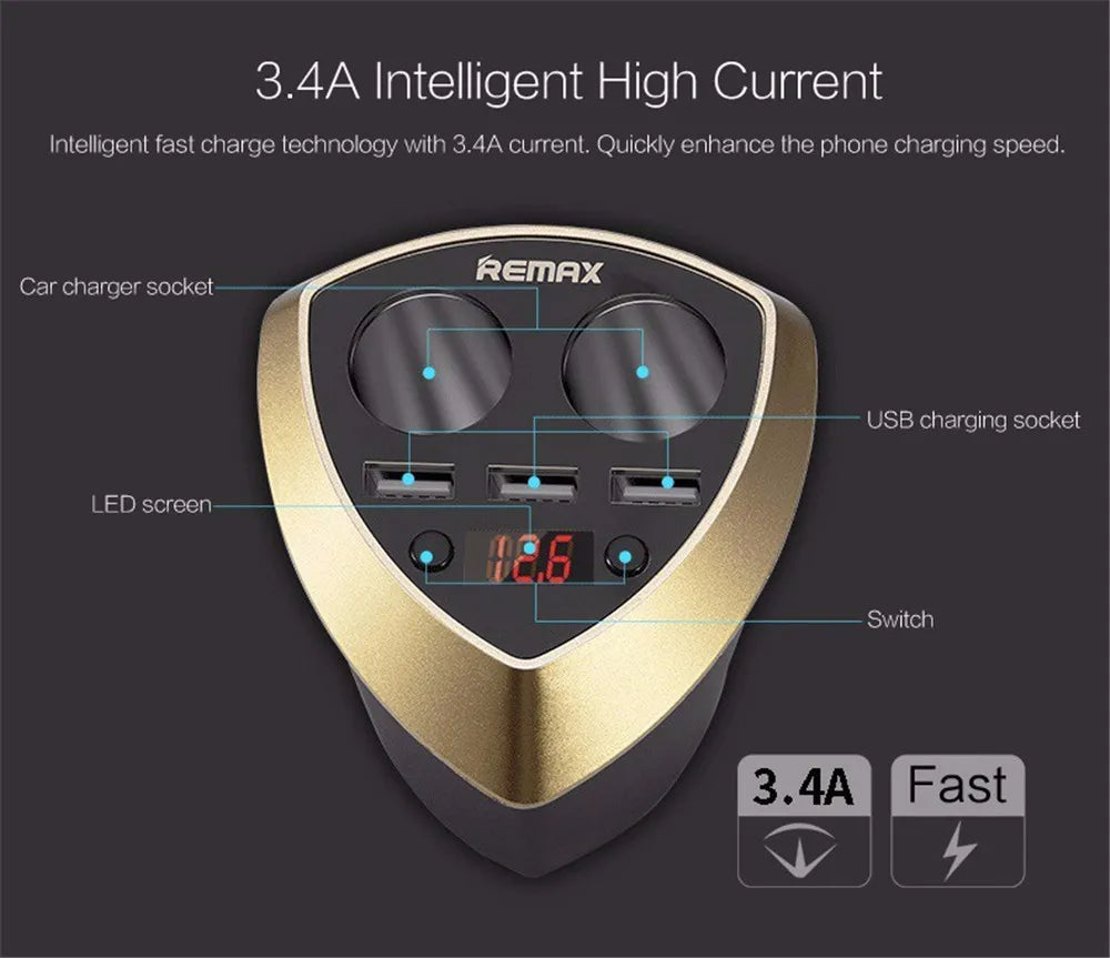 Remax Smart Car Cup 3 USB Charger Cigarette Lighter Voltage Display Plug Socket Splitter