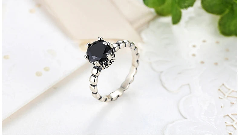 BAMOER Finger Ring with Black Cubic Zirconia Wedding Jewelry PA7205