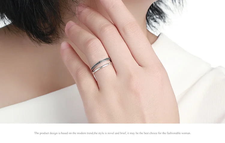 BAMOER 925 Sterling Silver Double Circle Black Clear CZ Stackable Finger Ring SCR082