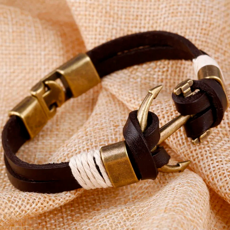 Wholesale Cuff braided Wrap Bracelet & Bangles Men Jewelry Pirate Genuine Leather Anchor Bracelets Vintage Men’s