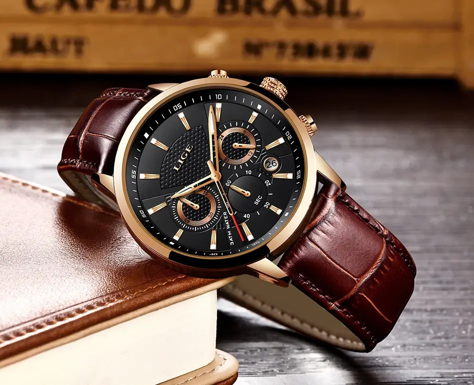 2023 New Mens Watches LIGE Top Brand Leather Chronograph Waterproof Sport Automatic Date Quartz Watch For Men Relogio