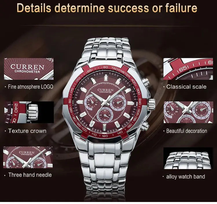 Curren men luxury silver red chronometer watch with steel band