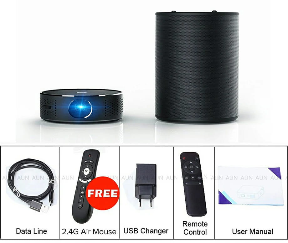 AUN DLP Portable Projector Q8 Set in Android 5.1 WIFI. 10900mAH Battery Power Bank for LED Use as Bluetooth Speaker