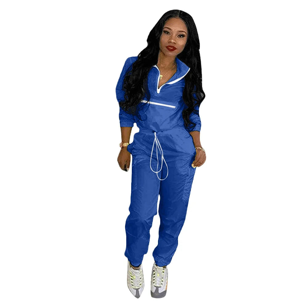 Women zip up neck long sleeve short trench safari pants suits two pieces set