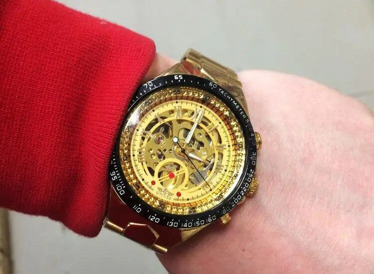 Winner Mechanical Sport Design Bezel Gold Skeleton Watch