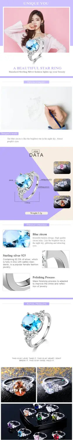 Stunning blue topaz star ring in S925 silver with zircon details