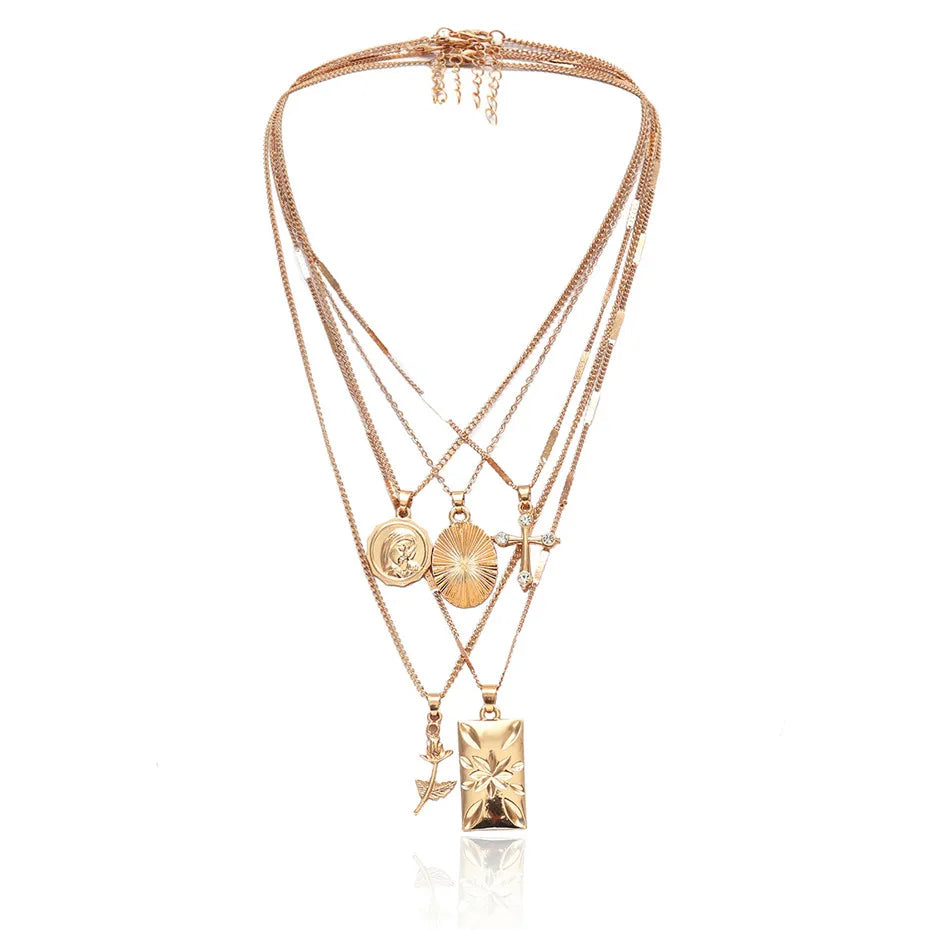 Layered Rose Cross Pendant Choker Necklace Set Boho Golden Carve Portrait Coin Long Chain Women Christian