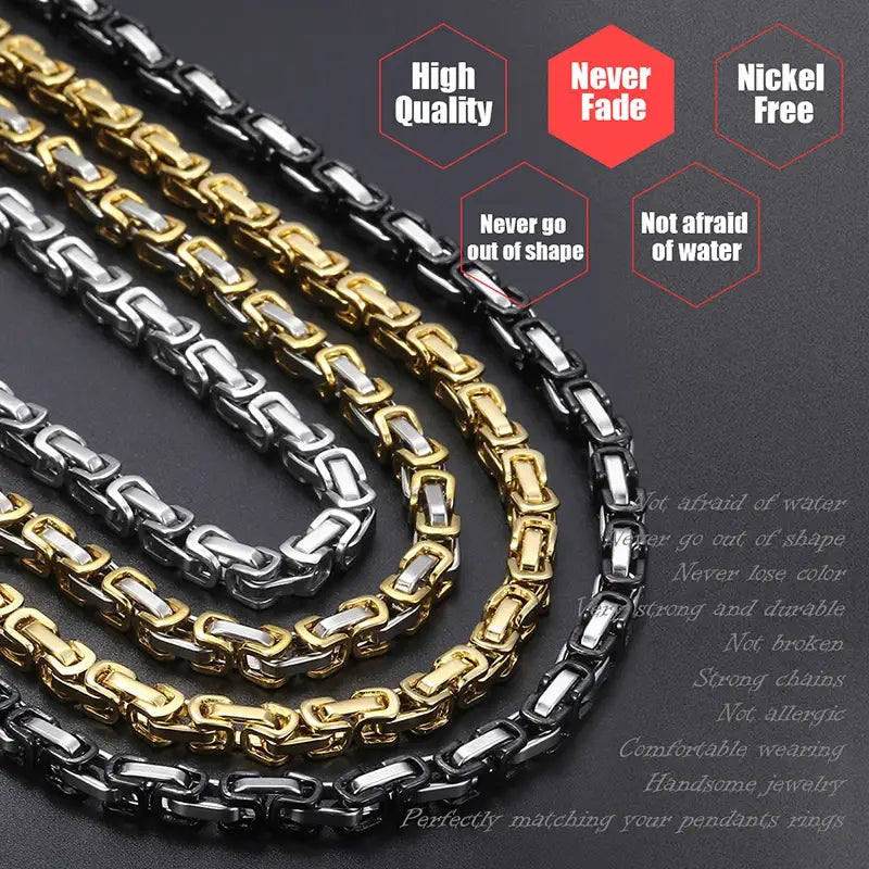 Necklace Chains Black Silver Gold Byzantine Box Link Stainless Steel Chain Neckalaces for Men