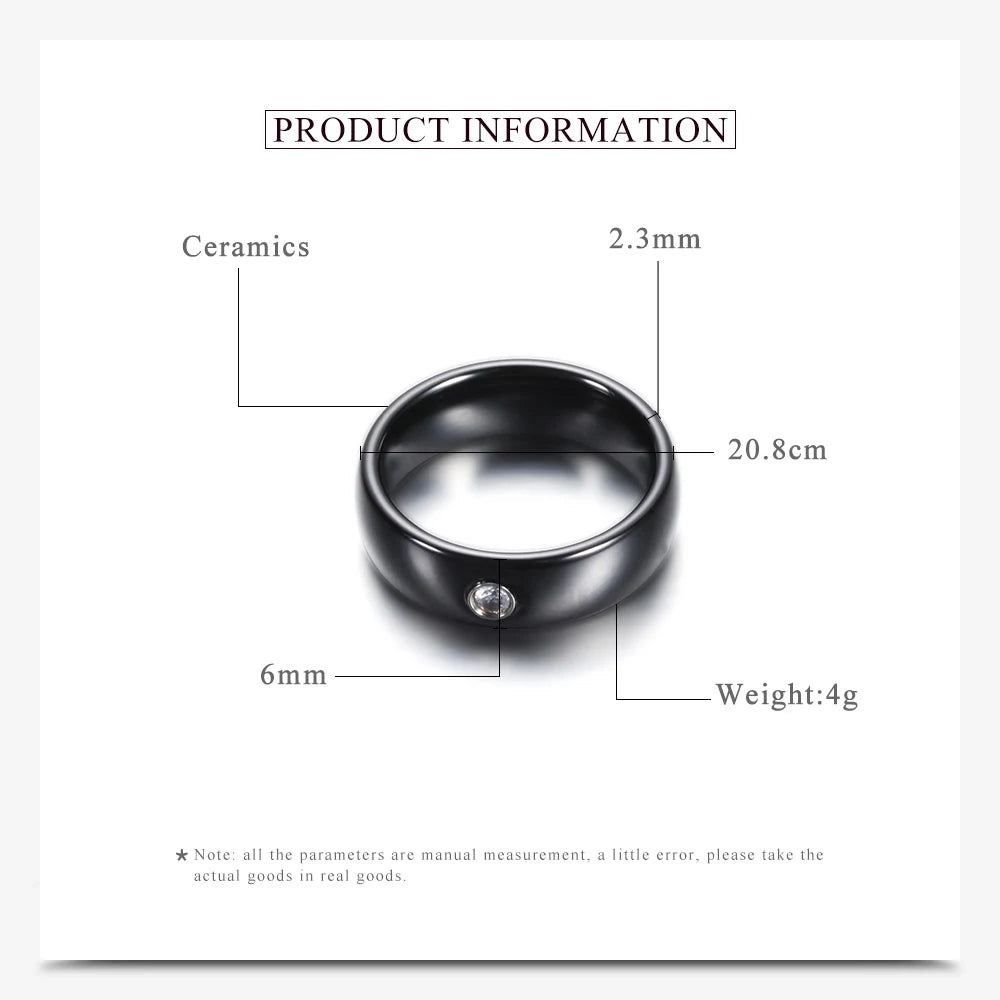New Arrival Black White Colorful Ring Ceramic For Women With Big Crystal Wedding Band Width 6mm Size 6-10 Gift Men