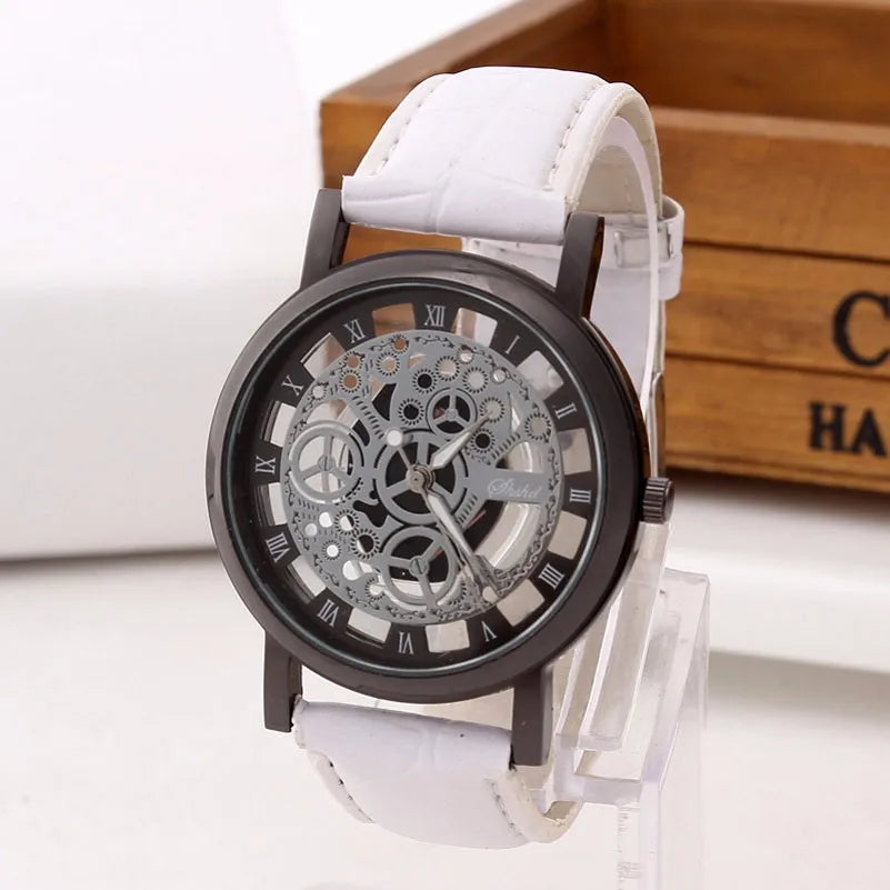 Fashion Business Skeleton Watch Men Engraving Hollow Reloj Hombre Dress Quartz Wristwatch Leather Band Women Clock