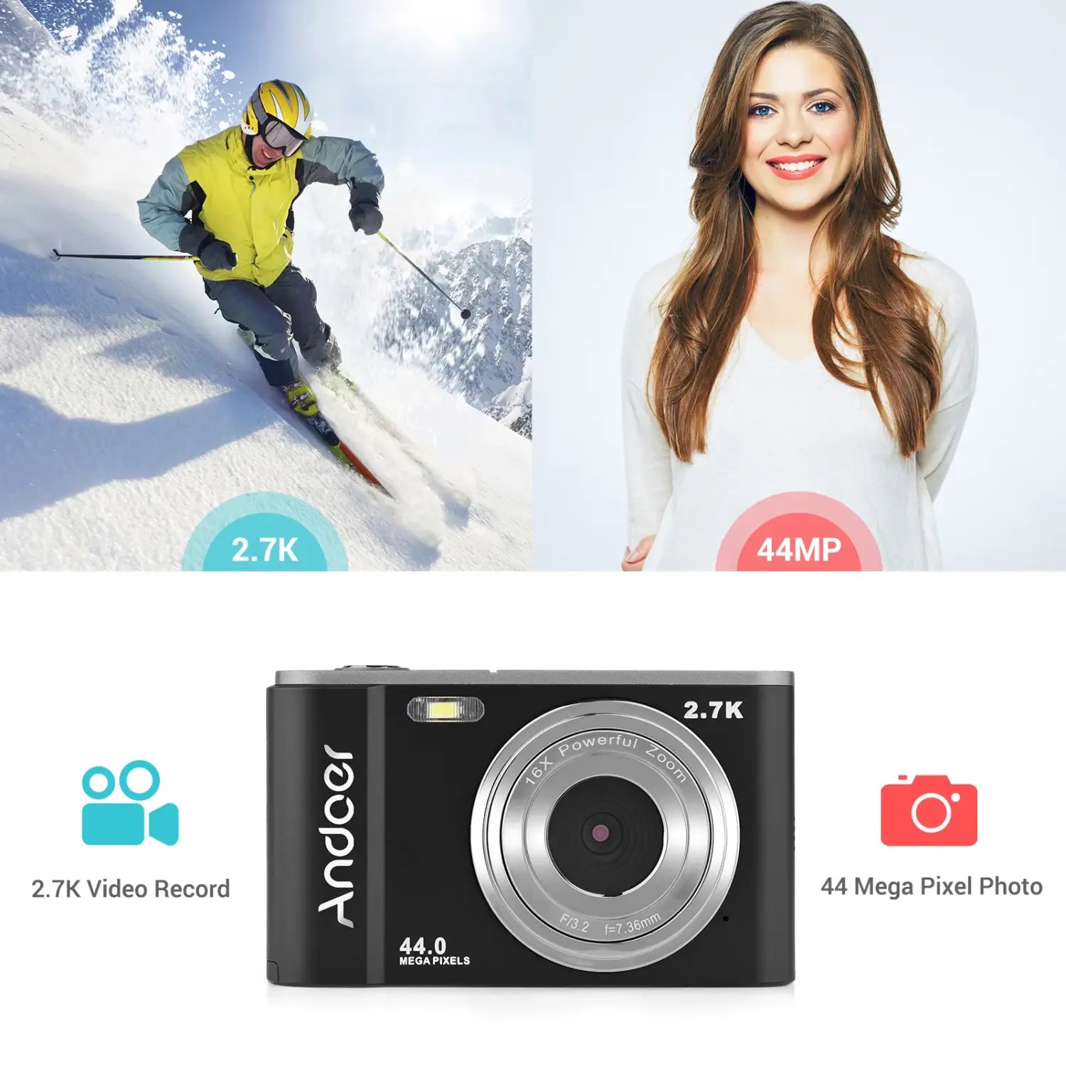 Andoer Mini Digital Camera 44MP 2.7K 16X Zoom Self-Timer 128GB Extended Memory Face Detection Anti-shaking Built-in