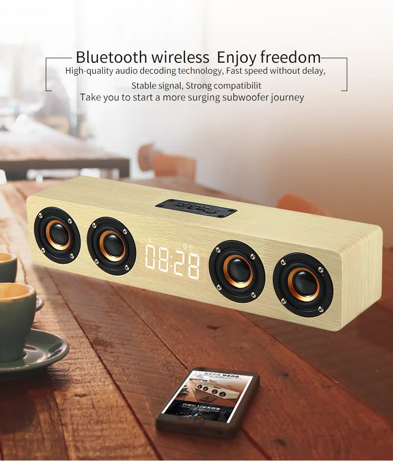 Wooden Soundbar Bluetooth Speaker Music Acoustic System 20W HIFI Stereo Surround LED Display Outdoor With FM Radio