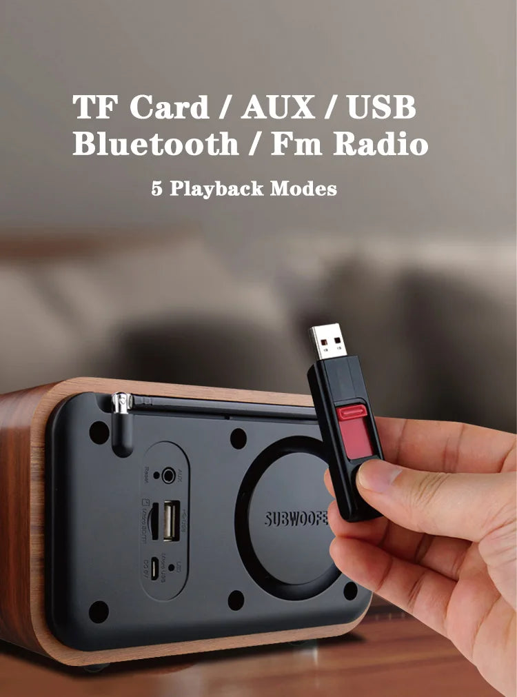 Wireless Wooden Portable Bluetooth Speaker Subwoofer with FM Radio Alarm Clock Caixa De Som Remote Control Altavoces