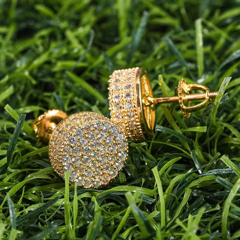 Hip HOP 1Pair Micro Full Paved Rhinestone Round Zircon CZ Stone Bling Iced Out Stud Earring Copper Earrings For Men