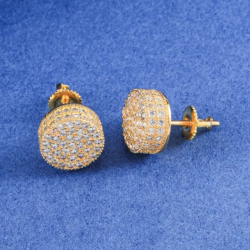 Hip HOP 1Pair Micro Full Paved Rhinestone Round Zircon CZ Stone Bling Iced Out Stud Earring Copper Earrings For Men