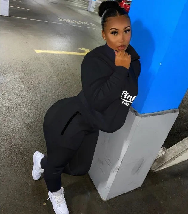 Fall Winter Tracksuits Two Piece Set Women Pink Letter Print Sport Casual Outfits Zip Sweatshirt Top + Pants Sweat Suits