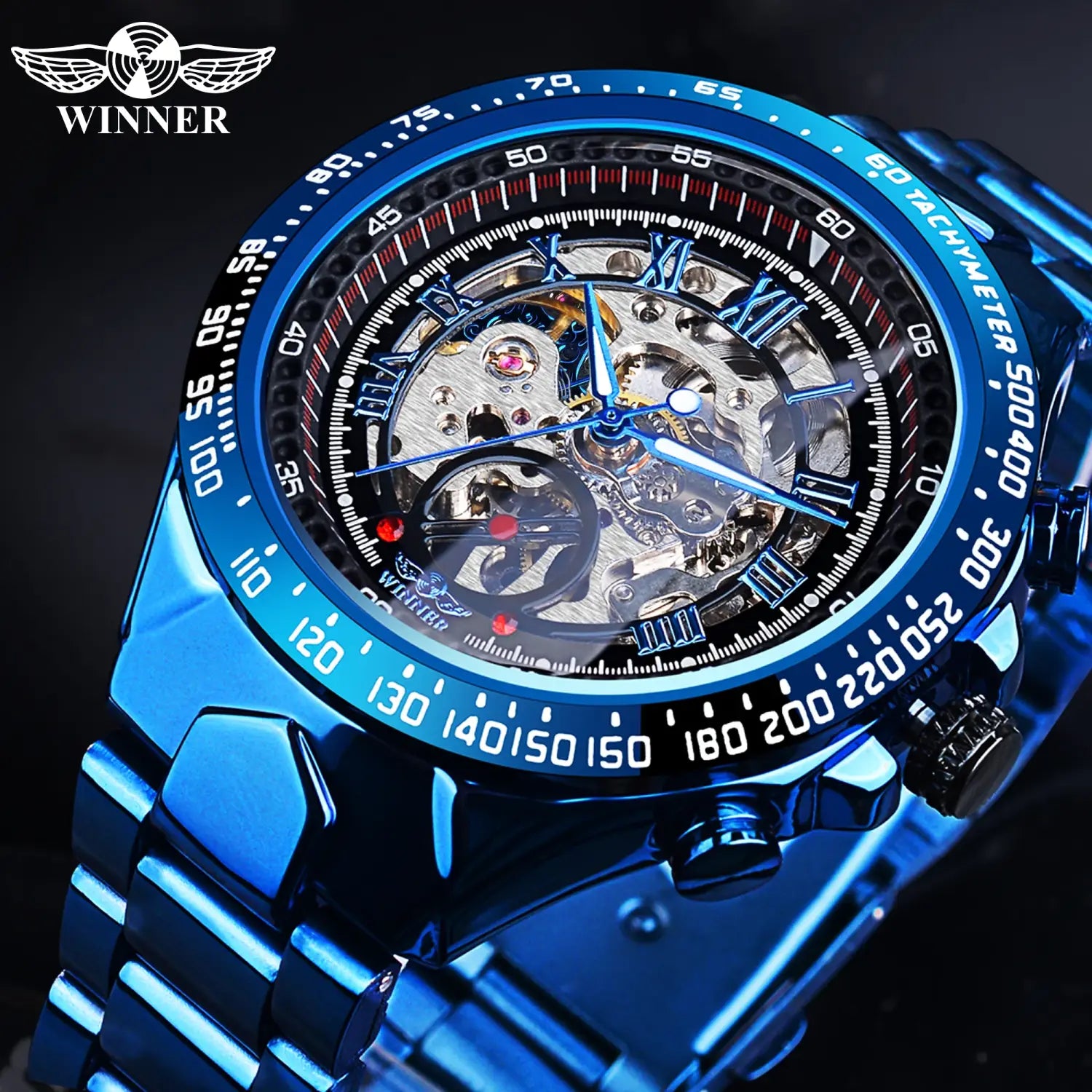 Blue metallic skeleton watch with Roman numerals and sport design bezel