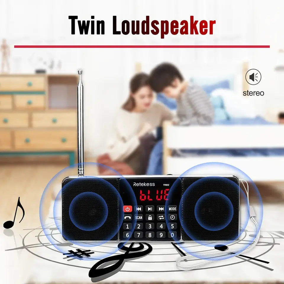 RETEKESS TR602 Digital Portable Radio AM FM Bluetooth Speaker Stereo MP3 Player TF/SD Card USB Drive Handsfree Call LED