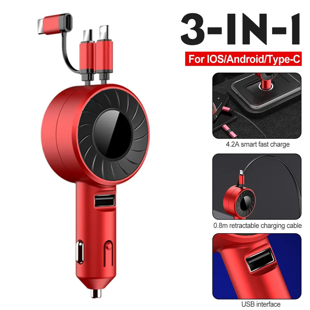 3-IN-1 Car Charger Mobile Phone Adapter