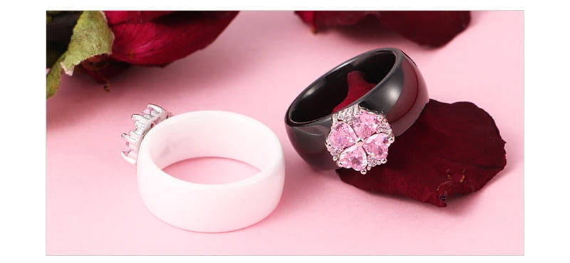 2019 New Wedding Rings Fashion Pink Flower Cubic Zirconia Engagement Ceramic Ring Jewelry For Women S925 Sterling Silver