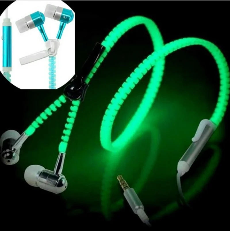 Wired earbuds Light Luminous Metal Zipper Earphone Glow In The Dark Hands Free Zipping Earhpones
