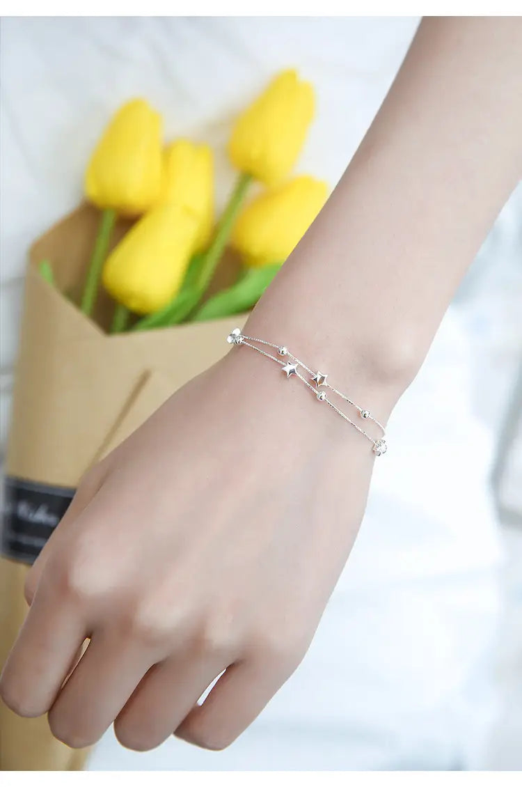 DAIWUJAN 925 Sterling Silver Double Layers Stars Beads bracelet