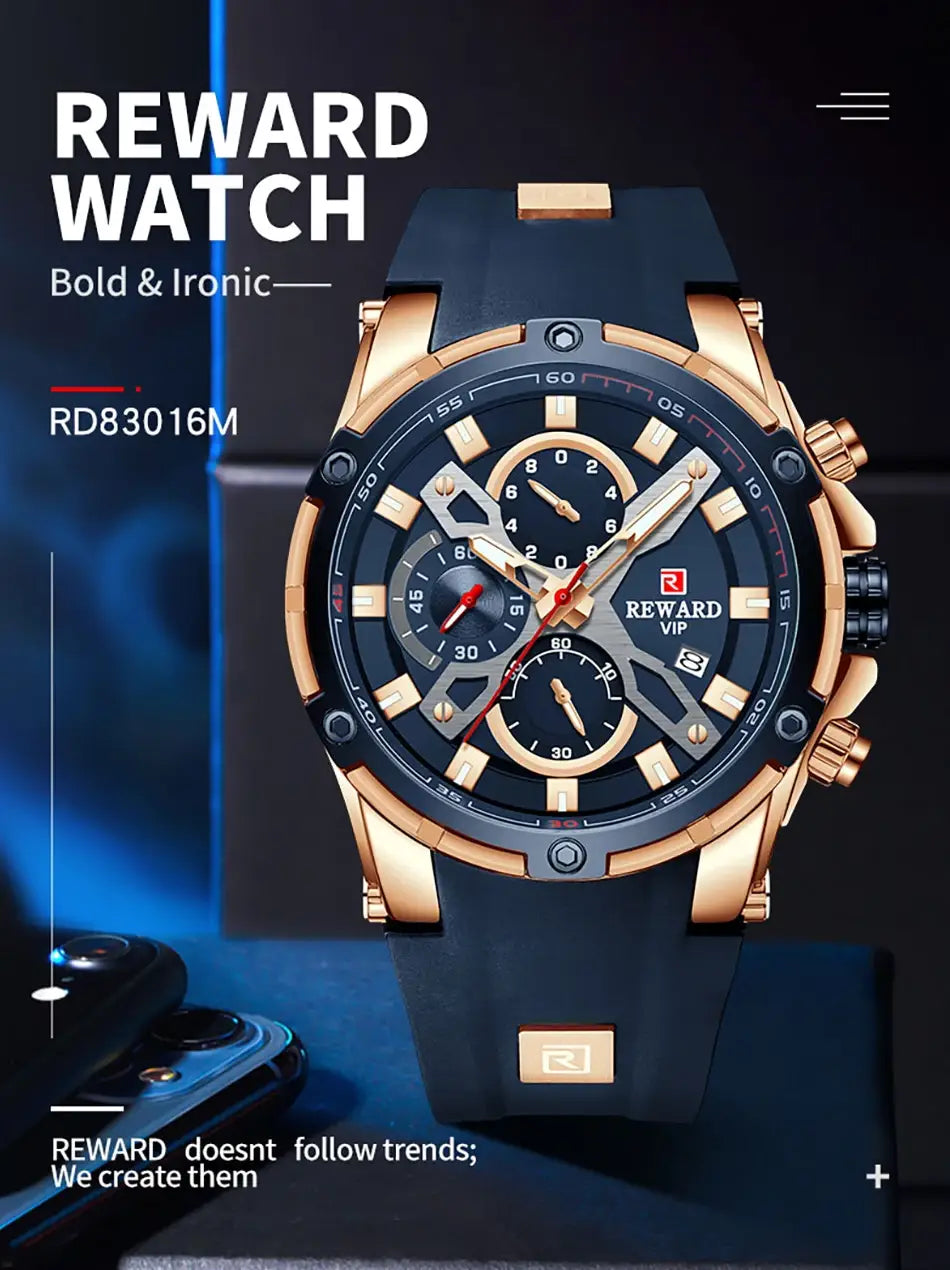 2023 New REWARD Mens Watches Blue Waterproof Top Luxury Brand Chronograph Sport Watch Quartz For Men Wristwatch