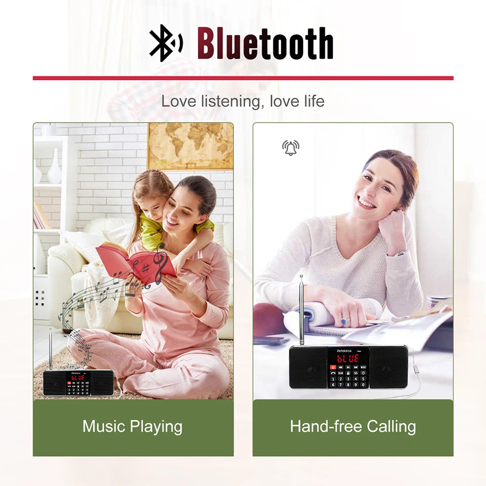 RETEKESS TR602 Digital Portable Radio AM FM Bluetooth Speaker Stereo MP3 Player TF/SD Card USB Drive Handsfree Call LED