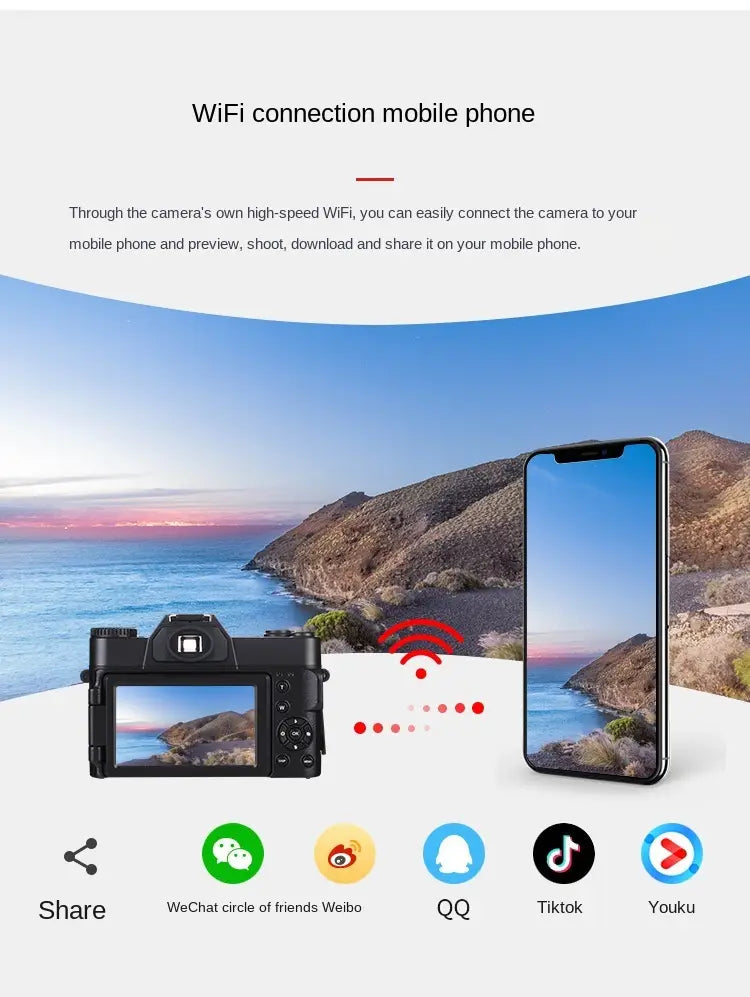 ELRVIKEC 2021 4K HD 16X Digital Camera Micro Single Retro With WiFi Professional Vlog External Lens