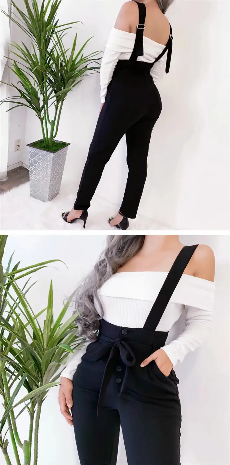 Women Streetwear Long Pants Bandage Design Button Pockets Decor High Waist Pencil Lady Slim Hips Shoulder Straps