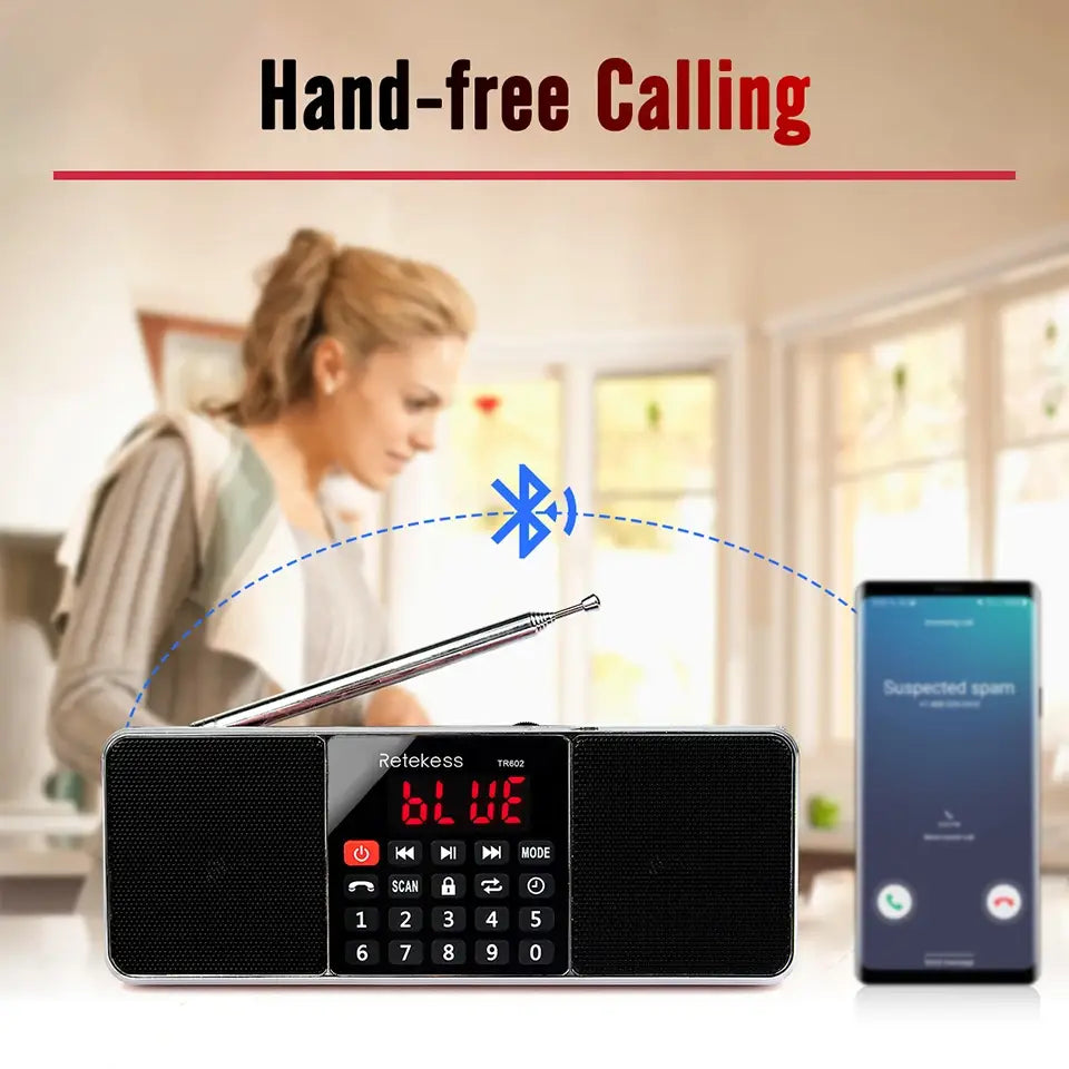 RETEKESS TR602 Digital Portable Radio AM FM Bluetooth Speaker Stereo MP3 Player TF/SD Card USB Drive Handsfree Call LED