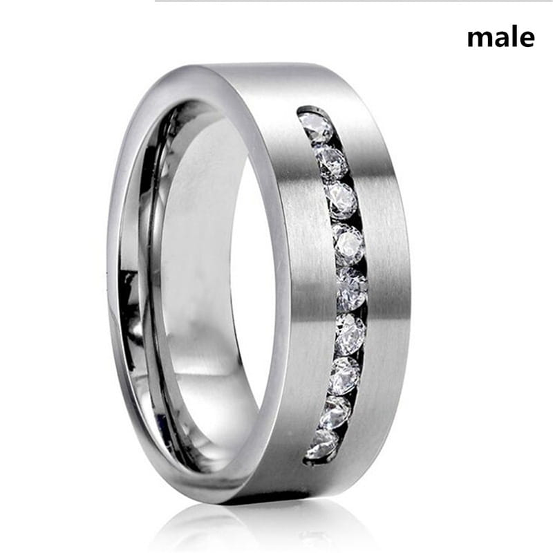 Romantic Zircon Couple Rings Stainless Steel Men’s Ring And Simple Crystal Women Set Wedding