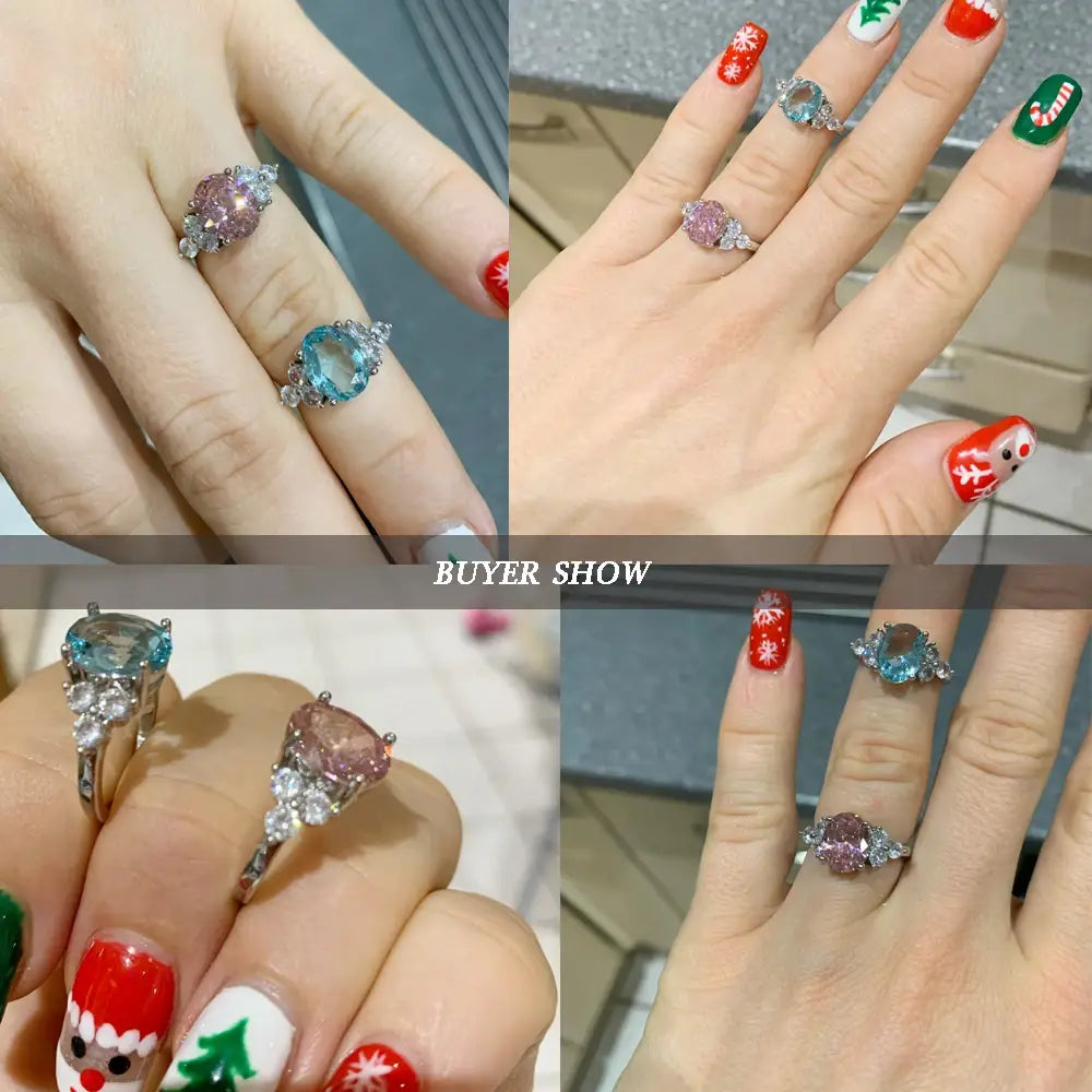 Elegant s925 silver rings with oval pink and blue zircon gems and diamonds