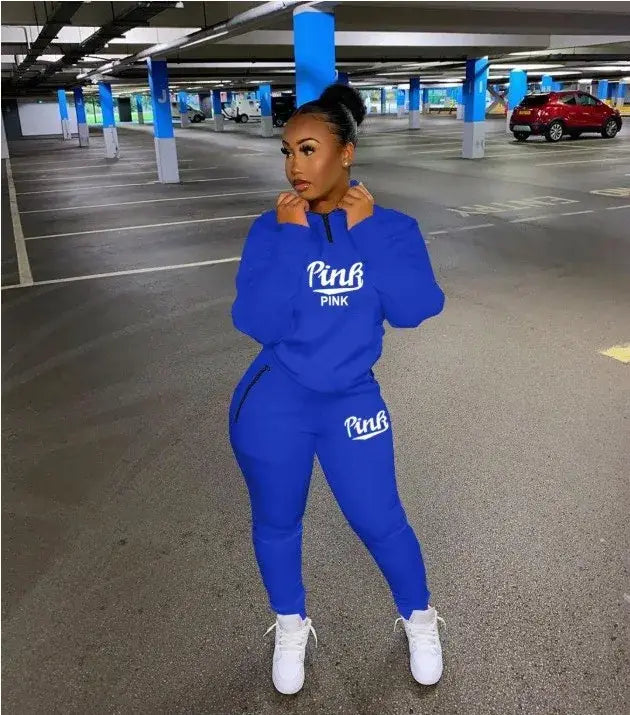 Fall Winter Tracksuits Two Piece Set Women Pink Letter Print Sport Casual Outfits Zip Sweatshirt Top + Pants Sweat Suits