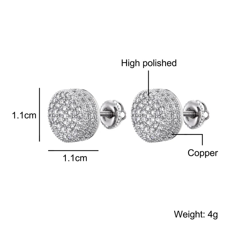 Hip HOP 1Pair Micro Full Paved Rhinestone Round Zircon CZ Stone Bling Iced Out Stud Earring Copper Earrings For Men