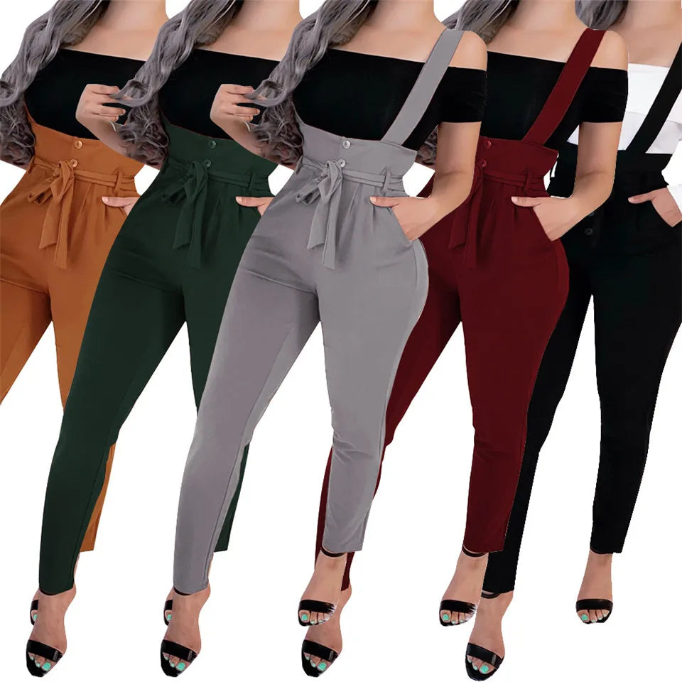 Women Streetwear Long Pants Bandage Design Button Pockets Decor High Waist Pencil Lady Slim Hips Shoulder Straps