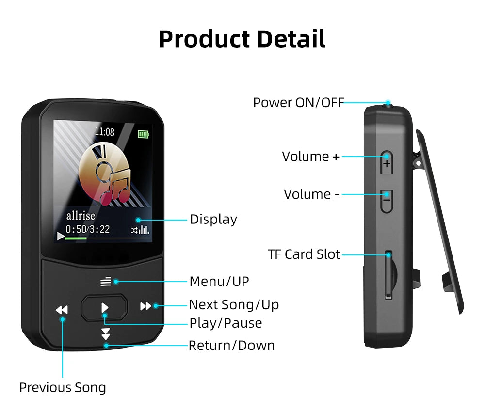 Deelife Bluetooth 5.0 MP3 Mini Player Portable Clip Music Lossless HiFi Audio with FM Radio