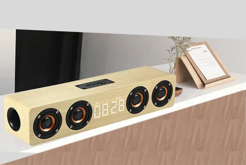 Wooden Soundbar Bluetooth Speaker Music Acoustic System 20W HIFI Stereo Surround LED Display Outdoor With FM Radio