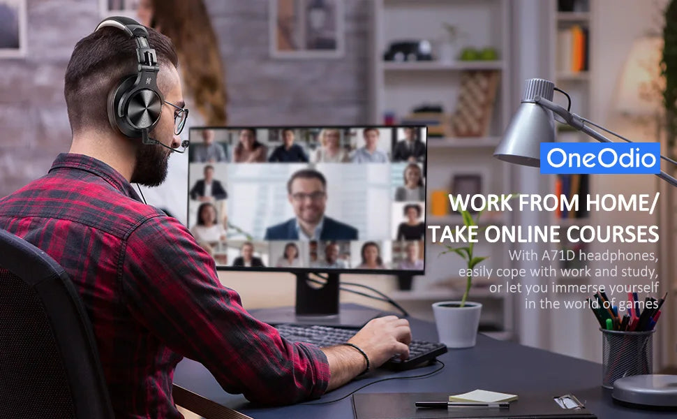 Man wearing OneOdio wired gaming headset with detachable microphone at PC